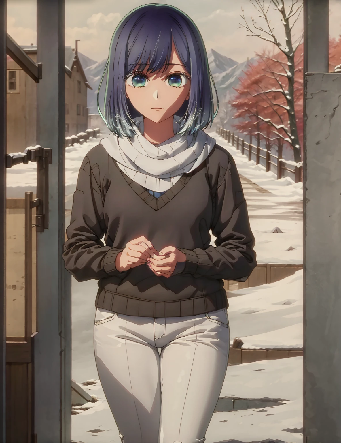 best quality, masterpiece, 1 girl, alone, scarf, sweater, pants, good body, detailed eyes, detailed face, full body, thick thighs, winter season, winter, snow, snow falls