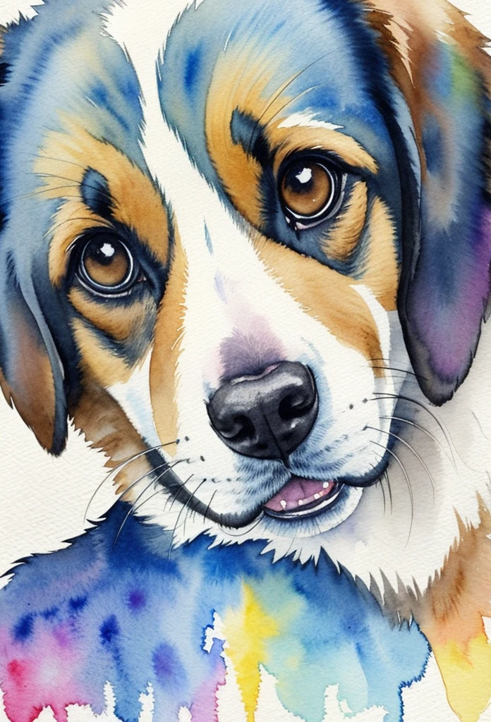 dog looking into the lens, watercolor painting, watercolor, excellent quality, details, watercolor texture, brushstrokes, beautful colors