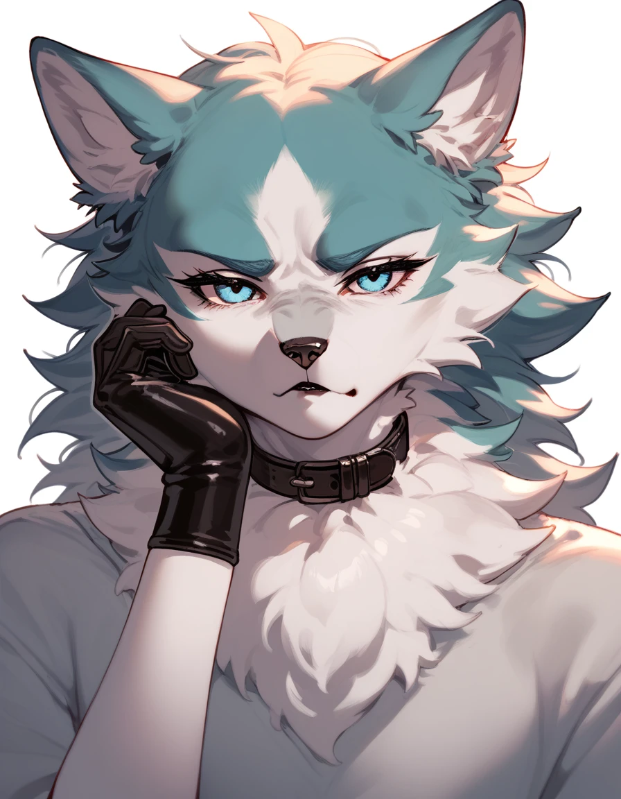 score_9, score_8_up, score_7_up, shirou ogami, female wolf anthro, feminine, hourglass figure, white furry body, fluffy tail, detailed fur, fluffy body, blue eyes white sclera, black lips, collar, gloves, black panties, simple white background, bored expression, cute pout,