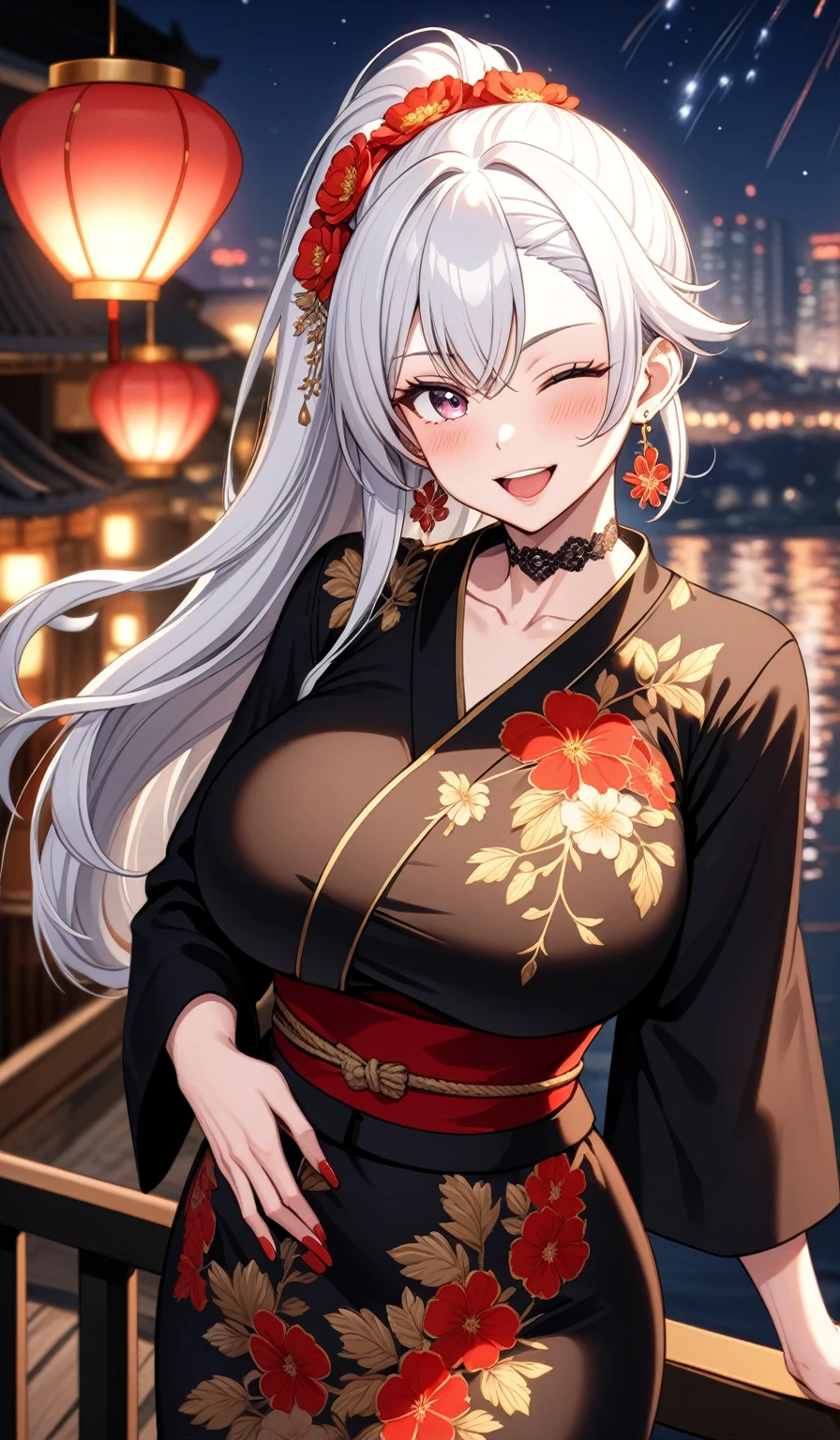 (One personの女性)), Beautiful Face, Laughing embarrassedly, ((Wink:1.8)), Laugh with your mouth wide open,((Bright red cheeks:1.4)), Hold on to the handrail, night,night景,port, firework,Glossy red lips,Facial lighting,((Anime style background)),masterpiece, Highest quality, so beautiful,up to date, Complex details, (Pink long nails), (ring),(bracelet),(Floral choker),AI-generated, Complex,High resolution, Highest quality, super high quality,3D Images、3D Images,One person,Long white hair,High Ponytail,(blue eyes), ((Fine grain、Silvery white colorful eyes、Shining Eyes:1.3)), (Squint your eyes:1.1), 写真のポーズをとるAnime Women, a hyperRealistic , hyperRealistic , Realistic,Anime Women, Smooth anime CG art, A woman in a colorful kimono with gold embroidery, (Black long sleeve kimono), Red floral pattern,Long flower hair ornament,Floral Earrings, Body,(Big BrTall,Abdominal muscles,Narrow waist,(Zoom in on face:1.6),(front view),