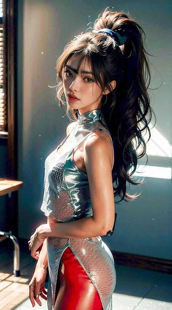 (1 girl:1.3), standing alone,__Body parts__, offcial art, unity wallpaper 8k, ultra detaild, comely and aesthetic, comely, work of art, best qualityer, cru, work of art, super fine photo,, best qualityer, Super high resolution, photorrealistic, lighting sun, full - length portrait, stunningly comely,, dynamic pose, 精致的面容, vibrant eyes, (lateral view), She&#39;s using a futuristic Iron Man mech, red and gold, highly detailed abandoned warehouse background, face detailed, detailed complex busy background, messy, marvelous, milky, highly detailed skin, realistic skin details, visible pores, sharp focus, Volumetric fog, 8k hd, DSLR Camera, high qualiy, Film grain, skin fair, fotorrealism, Lomography, Expanding metropolis in a futuristic dystopia, view from the bottom, translucent
