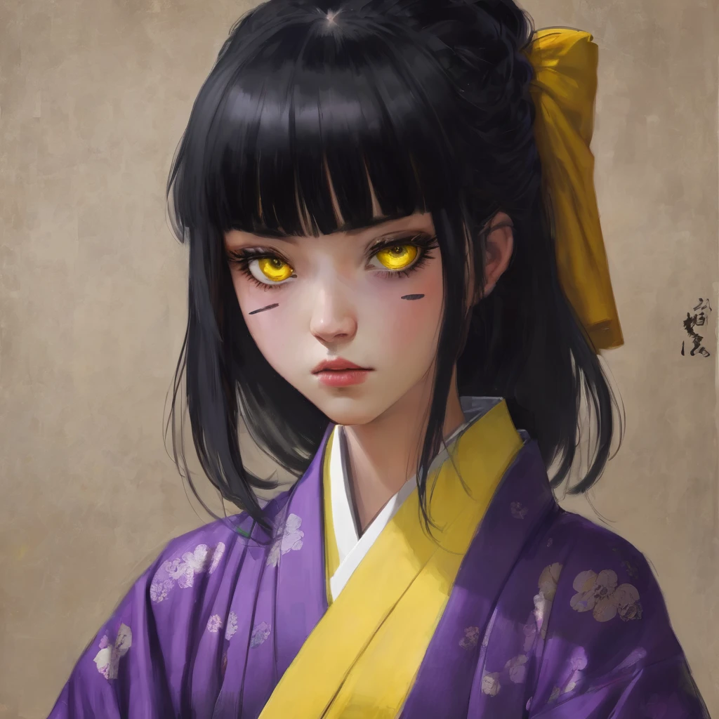  with a very weak purple kimono, black hair with white bangs, one black eye and one yellow eye, She has a kind face.