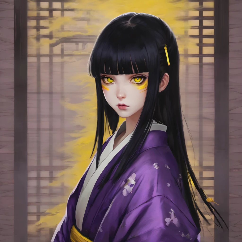  with a very weak purple kimono, black hair with white bangs, one black eye and one yellow eye, She has a kind face.