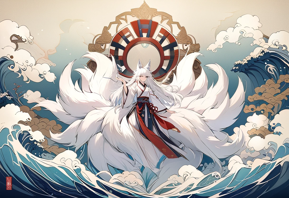 The mythical beast nine tailed white fox in the ancient Chinese Book of Mountains and Seas，Some of the nine tails are translucent