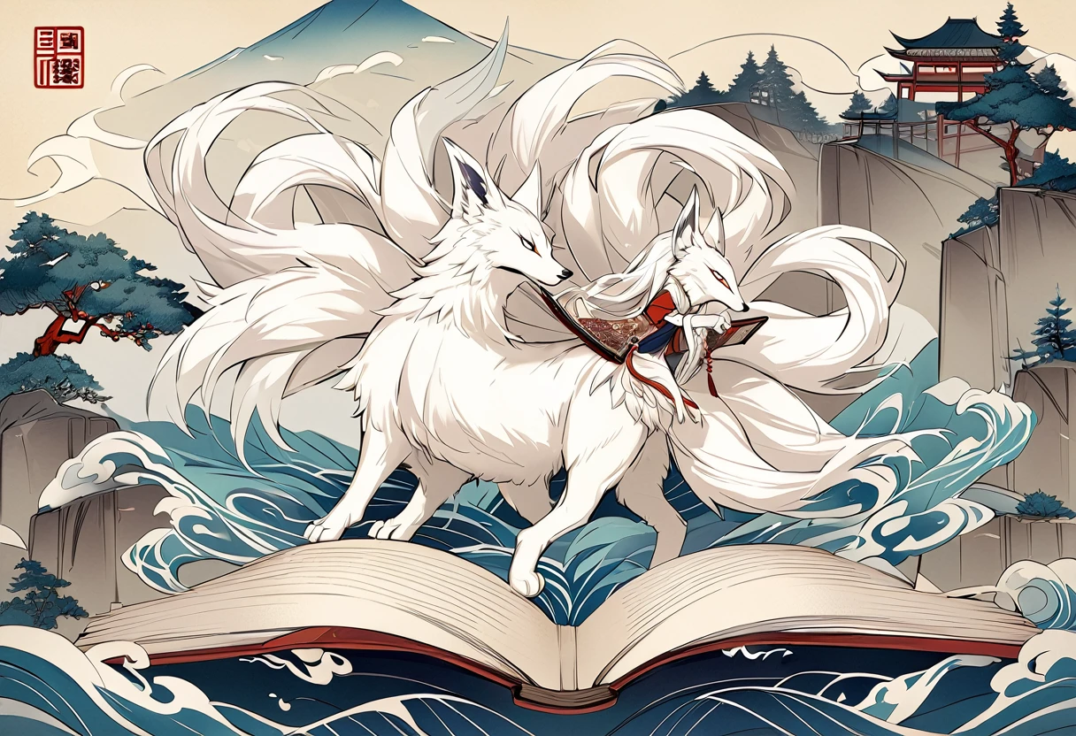 The mythical beast nine tailed white fox in the ancient Chinese Book of Mountains and Seas，Some of the nine tails are translucent