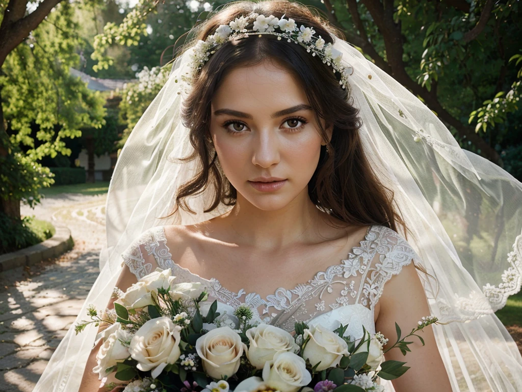 a beautiful bride in a white wedding dress, elegant floral bouquet, dreamy outdoor garden wedding, sunlight streaming through trees, romantic soft lighting, intricate lace details, shimmering jewelry, beautiful detailed eyes, beautiful detailed lips, extremely detailed face, long eyelashes, photorealistic, 8k, high resolution, cinematic lighting, warm color tones, masterpiece