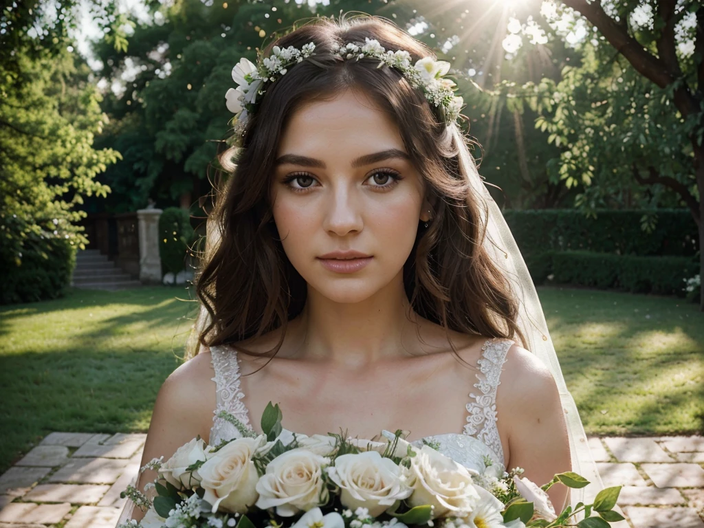a beautiful bride in a white wedding dress, elegant floral bouquet, dreamy outdoor garden wedding, sunlight streaming through trees, romantic soft lighting, intricate lace details, shimmering jewelry, beautiful detailed eyes, beautiful detailed lips, extremely detailed face, long eyelashes, photorealistic, 8k, high resolution, cinematic lighting, warm color tones, masterpiece