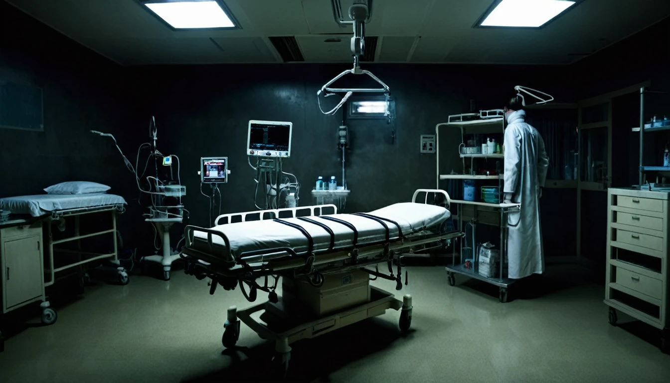 hospital room, stretcher in the center, doctor with his back to the camera, various equipment, dark, sinister, macabre environment