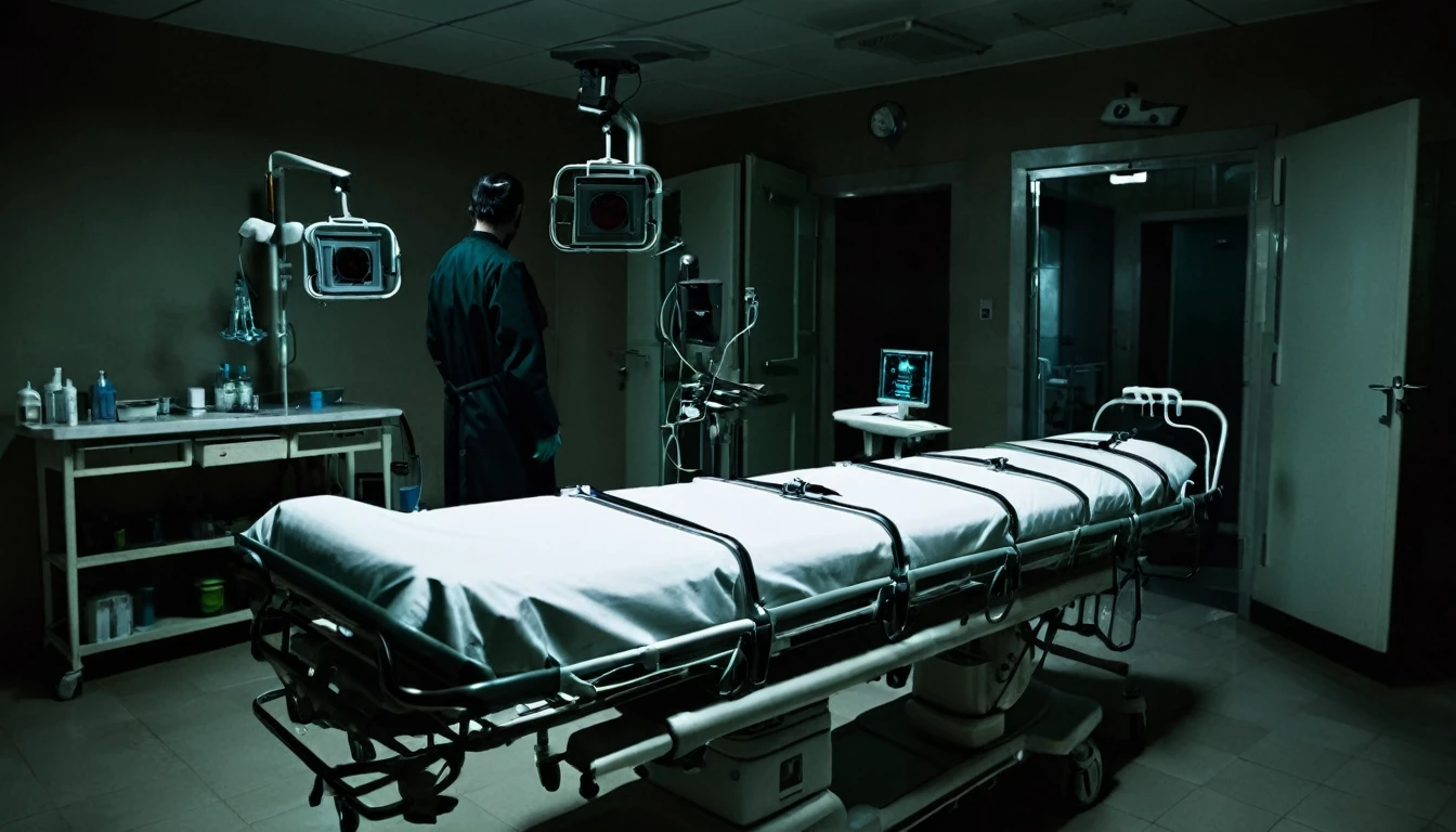 hospital room, stretcher in the center, doctor with his back to the camera, various equipment, dark, sinister, macabre environment