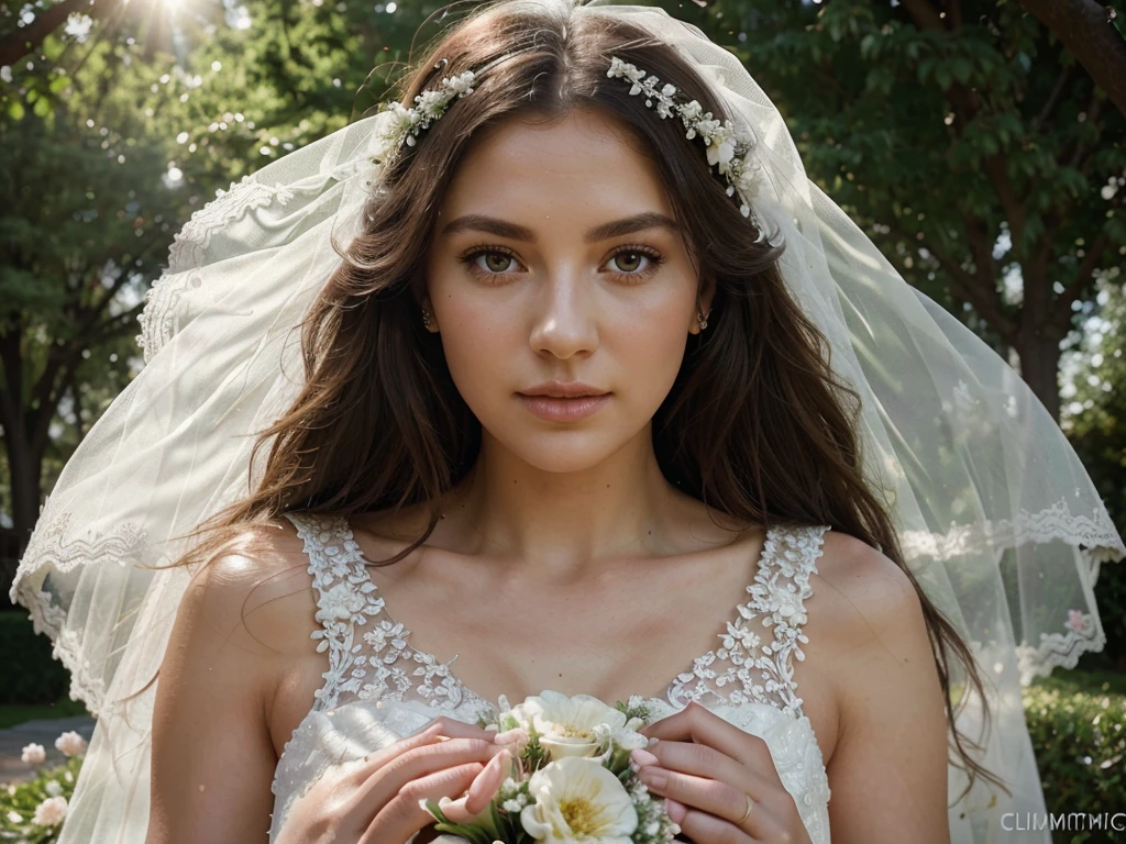 a beautiful bride in a white wedding dress, elegant floral bouquet, dreamy outdoor garden wedding, sunlight streaming through trees, romantic soft lighting, intricate lace details, shimmering jewelry, beautiful detailed eyes, beautiful detailed lips, extremely detailed face, long eyelashes, photorealistic, 8k, high resolution, cinematic lighting, warm color tones, masterpiece