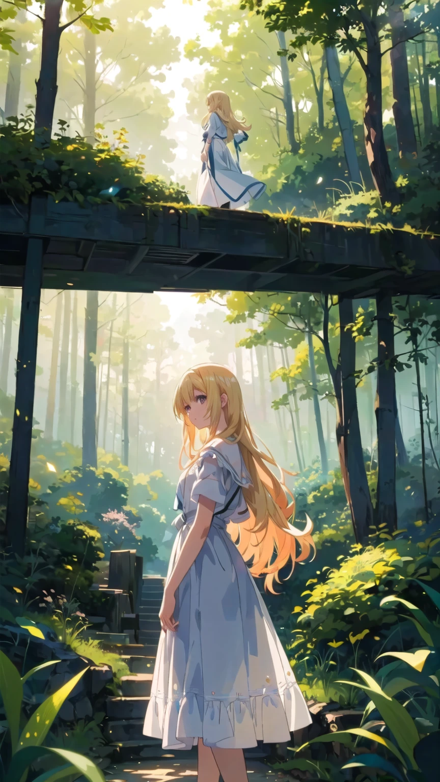 there is a woman standing on a bridge in the woods, blonde anime girl with long hair, anime lush john 8k woods, beautiful anime scene, beautiful anime artwork, anime beautiful peace scene, anime art wallpaper 8 k, beautiful anime, anime background art, beautiful anime art, anime nature, anime art wallpaper 4k, anime art wallpaper 4 k