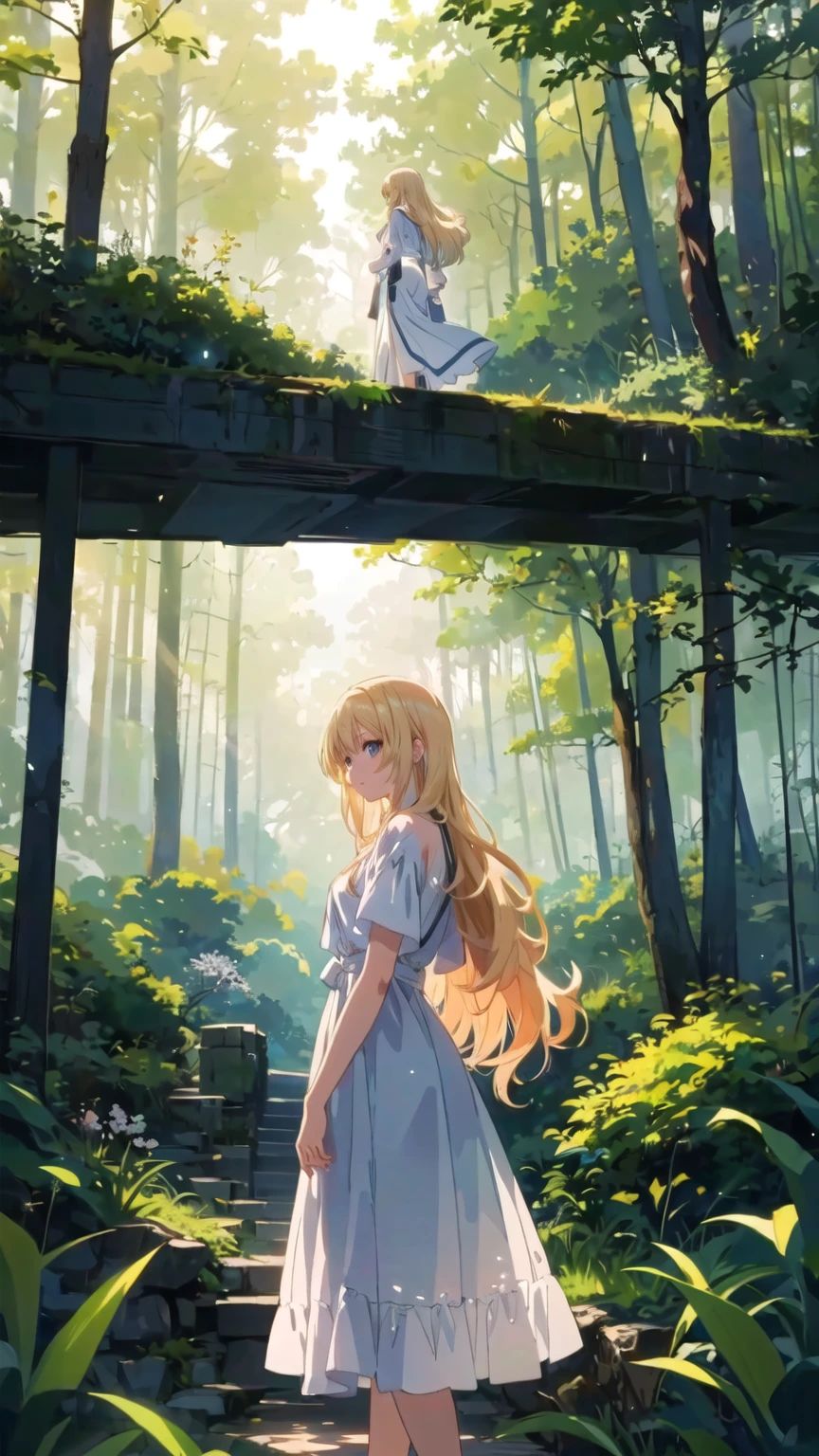 there is a woman standing on a bridge in the woods, blonde anime girl with long hair, anime lush john 8k woods, beautiful anime scene, beautiful anime artwork, anime beautiful peace scene, anime art wallpaper 8 k, beautiful anime, anime background art, beautiful anime art, anime nature, anime art wallpaper 4k, anime art wallpaper 4 k