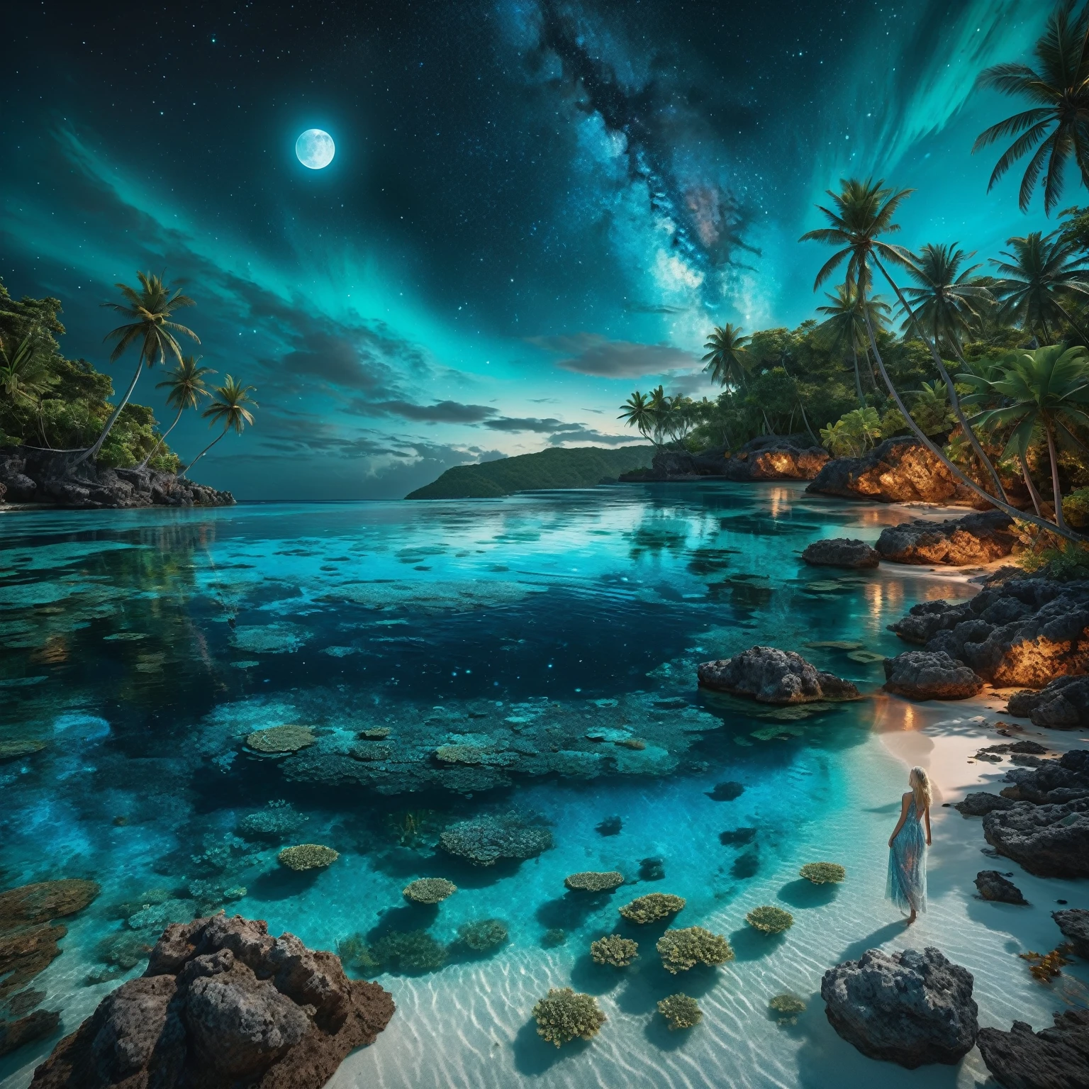 On a dark moonlit night, from a high vantage point, behold a turquoise blue lagoon stretching to the horizon. To the left, a beach fringed with coconut palms sits under a crystal-clear turquoise blue lagoon with detailed coral reefs and bioluminescent multicolored aquatic fauna, accompanied by small waves. In the sky, a whirling galaxy takes the shape of a giant detailed blue eye, set against a starry sky dotted with nebulae and cosmic dust. The bright reflections of the detailed blue eye and starry sky dance on the water’s surface. Along the shore, a blonde woman with long, flowing hair, dressed in a detailed transparent dress that seems to be made of ethereal fabric, stands and contemplates the wonders of the universe. The water near the woman should be transparent, revealing detailed bioluminescent multicolored algae and marine life. The artwork should embody moon luminism and fantastic realism within a complex background that is highly detailed and intricate, rendered in ultra-realistic 8k resolution for hyper-realistic detail akin to magical photography effects. Invoke elements of fantastical fantasy trending on Artstation Unreal Engine 5 with vivid ink-stained colors, a maximalism style, expansive depth of field matte painting techniques, while maintaining dark simple uncluttered reflections