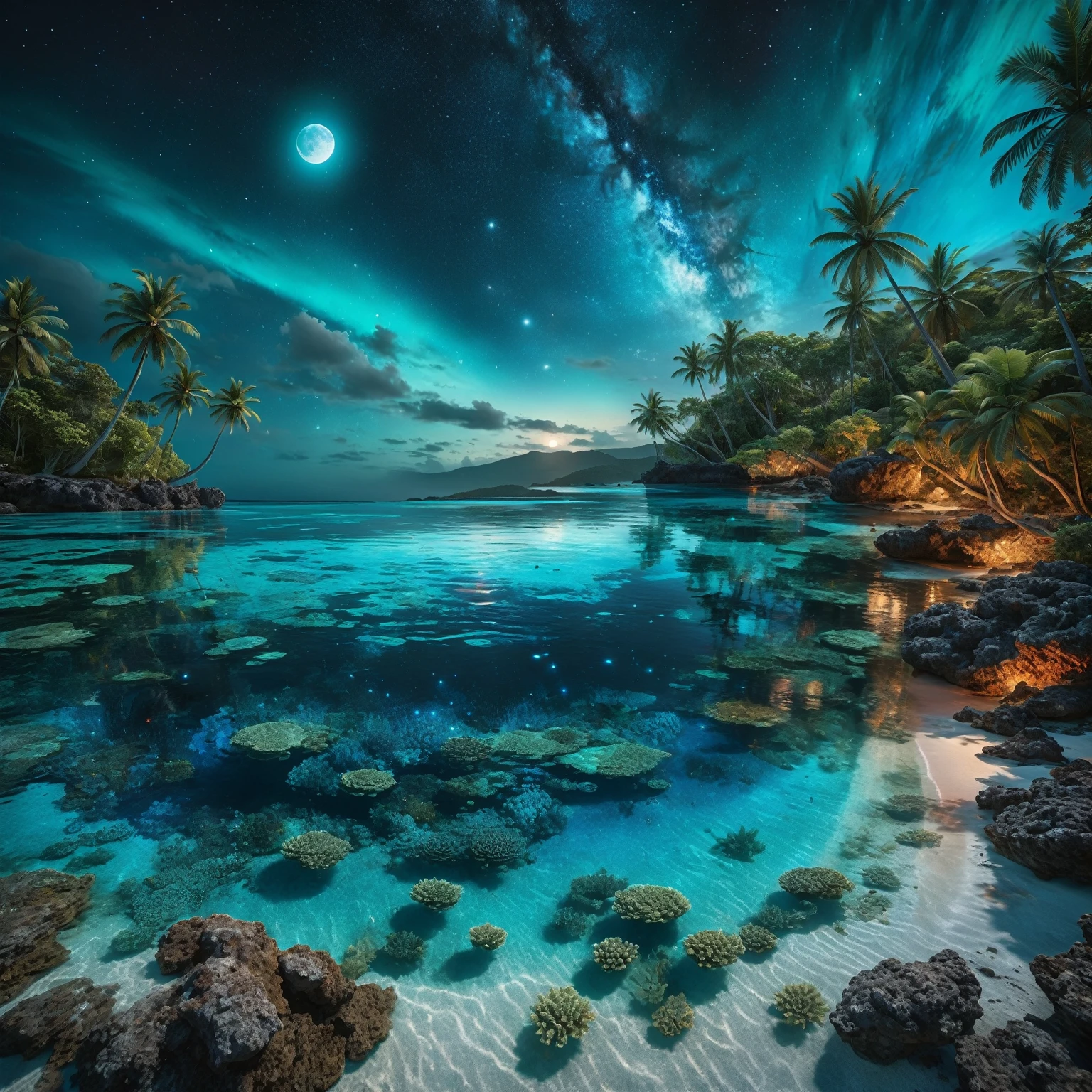 On a dark moonlit night, from a high vantage point, behold a turquoise blue lagoon stretching to the horizon. To the left, a beach fringed with coconut palms sits under a crystal-clear turquoise blue lagoon with detailed coral reefs and bioluminescent multicolored aquatic fauna, accompanied by small waves. In the sky, a whirling galaxy takes the shape of a giant detailed blue eye, set against a starry sky dotted with nebulae and cosmic dust. The bright reflections of the detailed blue eye and starry sky dance on the water’s surface. Along the shore, a blonde woman with long, flowing hair, dressed in a detailed transparent dress that seems to be made of ethereal fabric, stands and contemplates the wonders of the universe. The water near the woman should be transparent, revealing detailed bioluminescent multicolored algae and marine life. The artwork should embody moon luminism and fantastic realism within a complex background that is highly detailed and intricate, rendered in ultra-realistic 8k resolution for hyper-realistic detail akin to magical photography effects. Invoke elements of fantastical fantasy trending on Artstation Unreal Engine 5 with vivid ink-stained colors, a maximalism style, expansive depth of field matte painting techniques, while maintaining dark simple uncluttered reflections