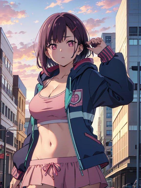 una chica en la calle,pov(desde abajo),shizuka mikazuki, short hair, purple hair, hair ornament, hairclip, (pink eyes:1.5), swept bangs, navel, cleavage, jacket, open clothes, midriff, hood, open jacket, blue jacket, hooded jacket, sports bra, hood down, outdoors, city, sky, sun, clouds, buildings, looking at viewer, (masterpiece:1.2), best quality, high resolution, unity 8k wallpaper, (illustration:0.8), (beautiful detailed eyes:1.6), extremely detailed face, perfect lighting, extremely detailed CG, (perfect hands, perfect anatomy),large breasts, medium waist, wide hips, medium thighs