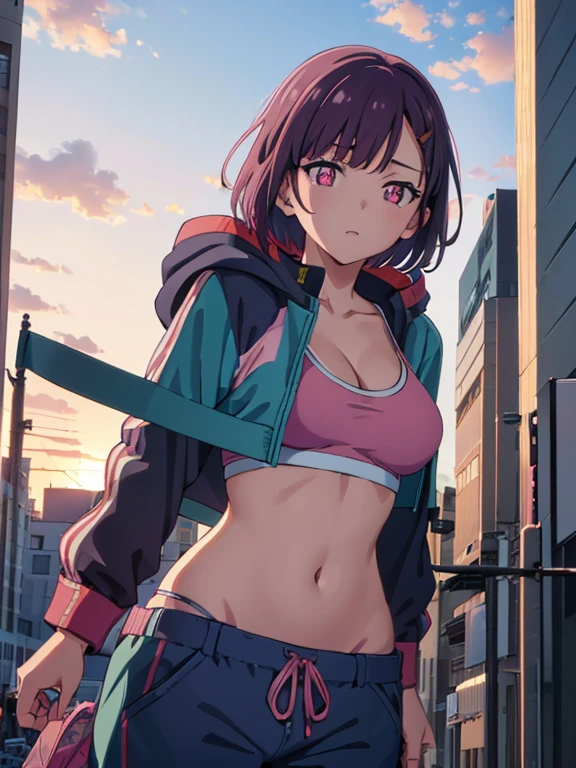 una chica en la calle,pov(desde abajo),shizuka mikazuki, short hair, purple hair, hair ornament, hairclip, (pink eyes:1.5), swept bangs, navel, cleavage, jacket, open clothes, midriff, hood, open jacket, blue jacket, hooded jacket, sports bra, hood down, outdoors, city, sky, sun, clouds, buildings, looking at viewer, (masterpiece:1.2), best quality, high resolution, unity 8k wallpaper, (illustration:0.8), (beautiful detailed eyes:1.6), extremely detailed face, perfect lighting, extremely detailed CG, (perfect hands, perfect anatomy),large breasts, medium waist, wide hips, medium thighs