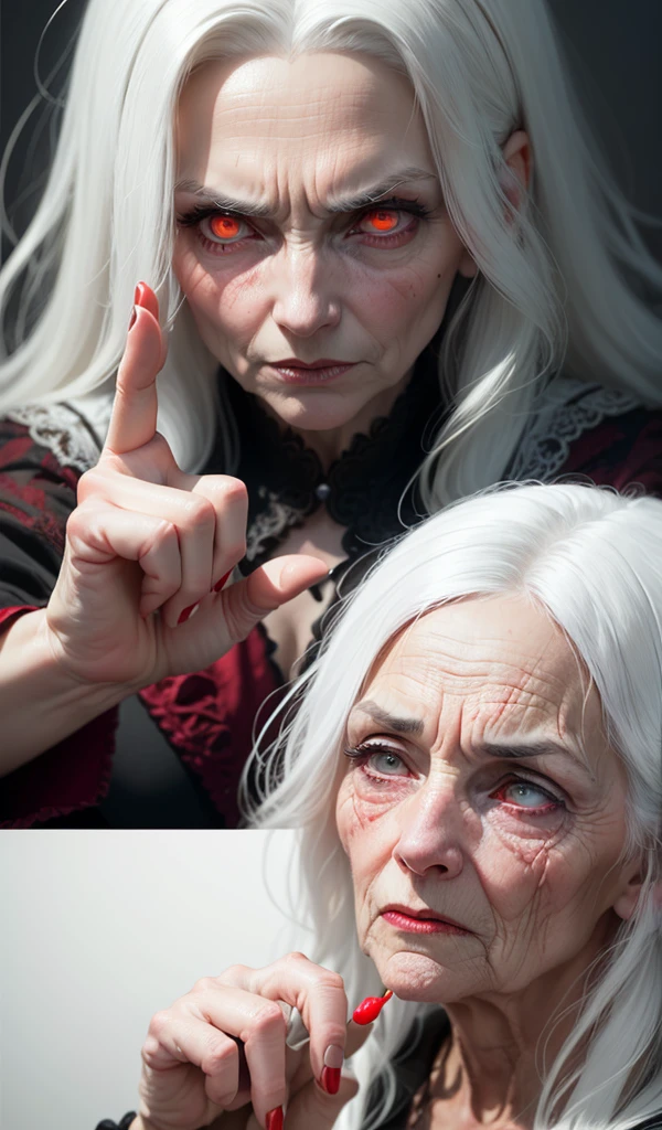 (anime, digital paint, ung girl attack the evil and creepy old woman, white hair and red eyes, close-up on her outstretched hand and the evil old woman’s skeptical face, white hair and red eyes, dark and twisted interior of the candy house, tense atmosphere, detailed expressions and hands, sense of cunning and desperation)