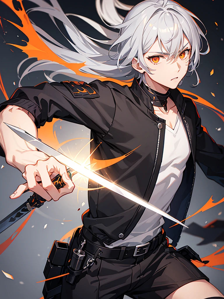 Male character with gray hair and orange eyes with sword and black clothes