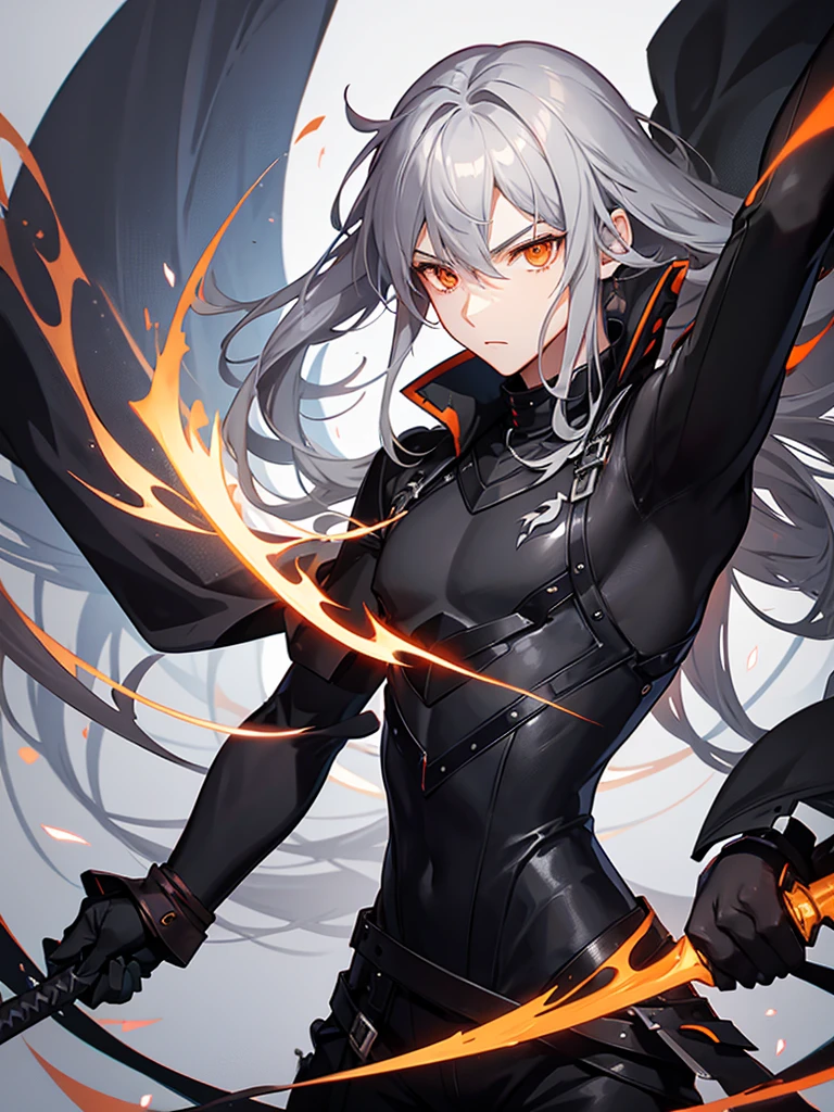 Male character with gray hair and orange eyes with sword and black clothes