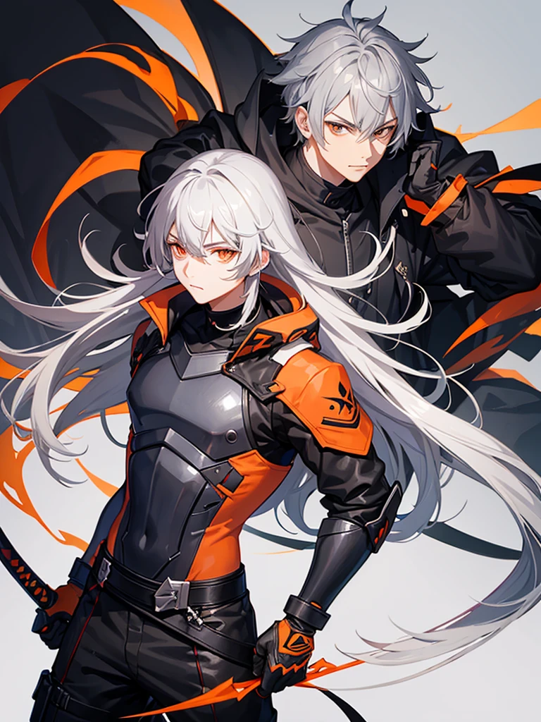 Male character with gray hair and orange eyes with sword and black clothes
