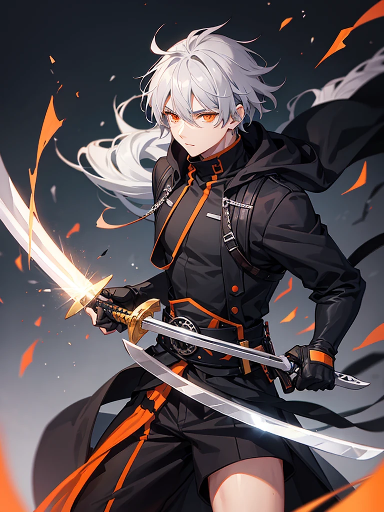 Male character with gray hair and orange eyes with sword and black clothes