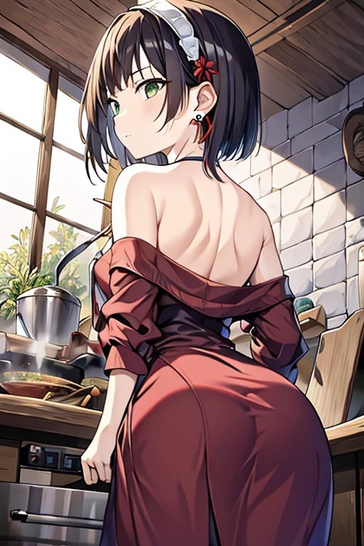 (from below:1.2), (perky chest:1.2), (pointed chest:1.2), 1girl, Bust A Cup, Amazing Cleavage:1.1, thin waist, big ass, Raised sexy, small breast: 1.1 posed cleavage:1.2、solo, looking at viewer, have a cute glass of cute beergrass,black hair, dark green eyes, dress, bare shoulders, jewelry, collarbone, sidelocks, hairband, earrings, indoors, off shoulder, arms behind back, plants, short hair with long locks, gild hairband, off-shoulder dress, sweater dress, off-shoulder sweater, red sweater, dark gord hair, big side hair, very long side hair,is rendered in (masterpiece: 1.2, best quality), with (ultra high resolution) and an exquisite (depth of field). This masterpiece is not only visually stunning but also tells,A scene of cooking in the kitchen