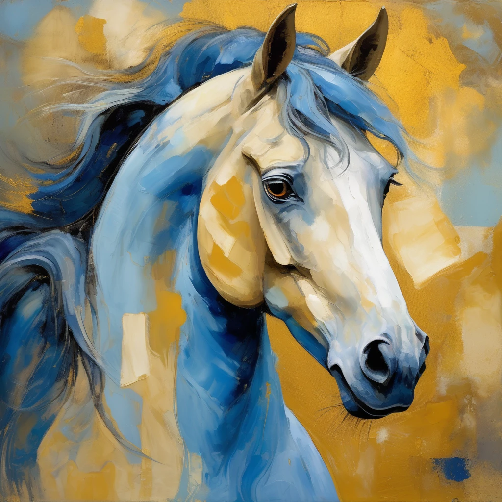 the torso of a “blue/gold” horse with a long neck, soft and wavy coat texture, expressive eyes, and a cheeky playful grin, against an abstract, painterly background with warm tones, ((more detail, enhanced)). 32k.