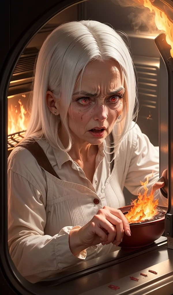(anime, digital paint, young girl pushing the evil and creepy old woman with white hair and red eyes into the oven flames, intense and dramatic scene, flames and smoke billowing out, dark and twisted interior of the candy house, the old woman’s shocked face, close-up on the girl’s determined expression, moment of triumph and tension)