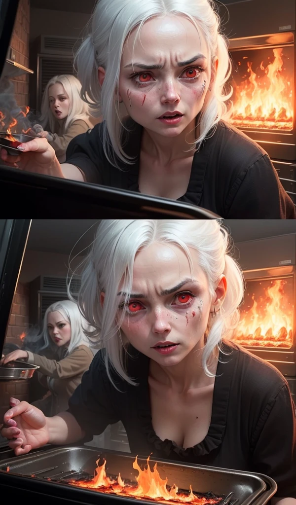 (anime, digital paint, young girl pushing the evil and creepy old woman with white hair and red eyes into the oven flames, intense and dramatic scene, flames and smoke billowing out, dark and twisted interior of the candy house, the old woman’s shocked face, close-up on the girl’s determined expression, moment of triumph and tension)
