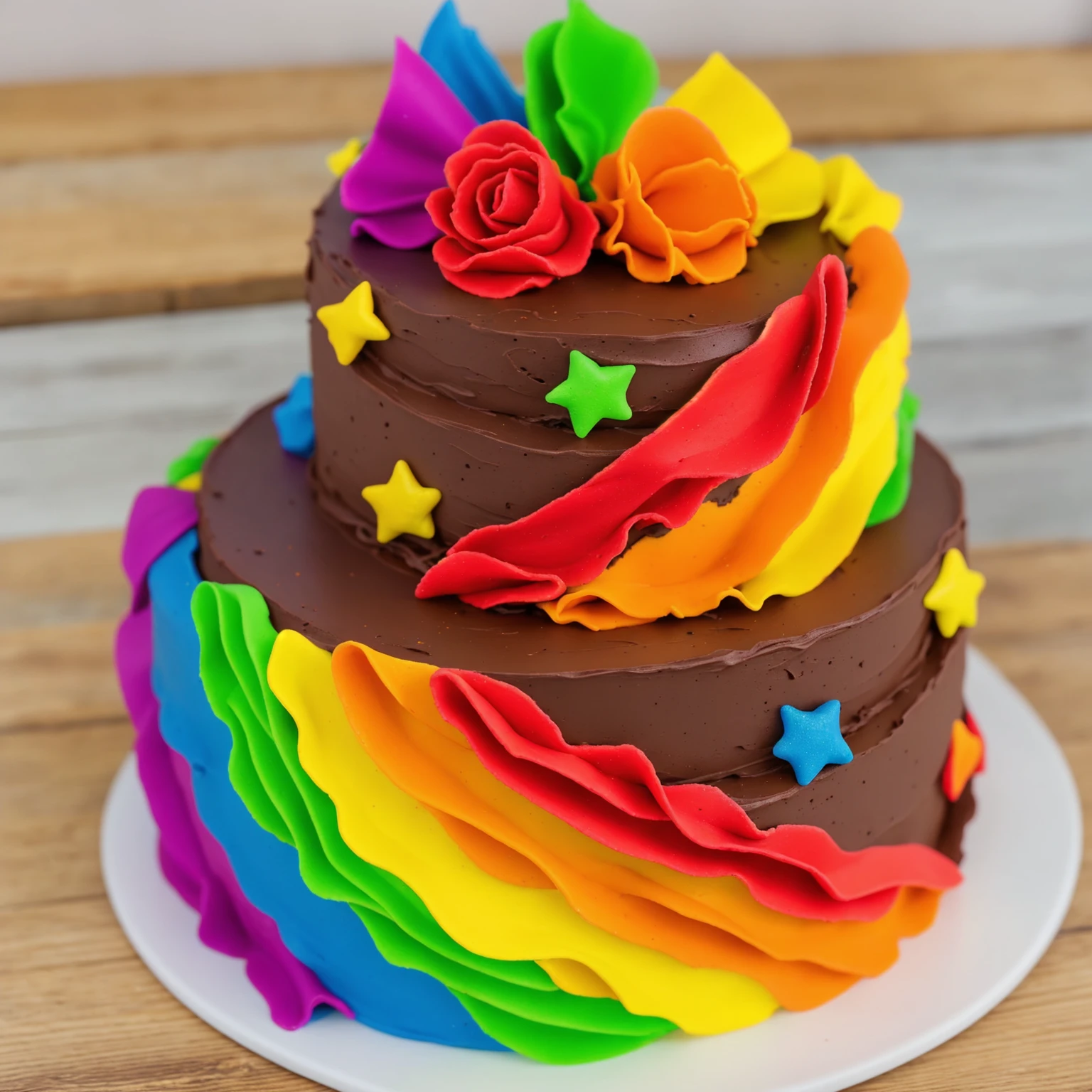 on a wooden table. there is a white plate. two-tier cake, chocolate cream cake, rainbow cream in the form of ruffles, decorated with rainbow stars made of polymer clay, multi-colored cream on top, against the background of the kitchen, Beautiful light from the window, contour light, Multiple light sources, beautiful lighting, Bright light source, bright lighting, beautiful light sources, Multiple light sources, Realistic style , realistic texture, detailed texture, A high resolution, high quality,