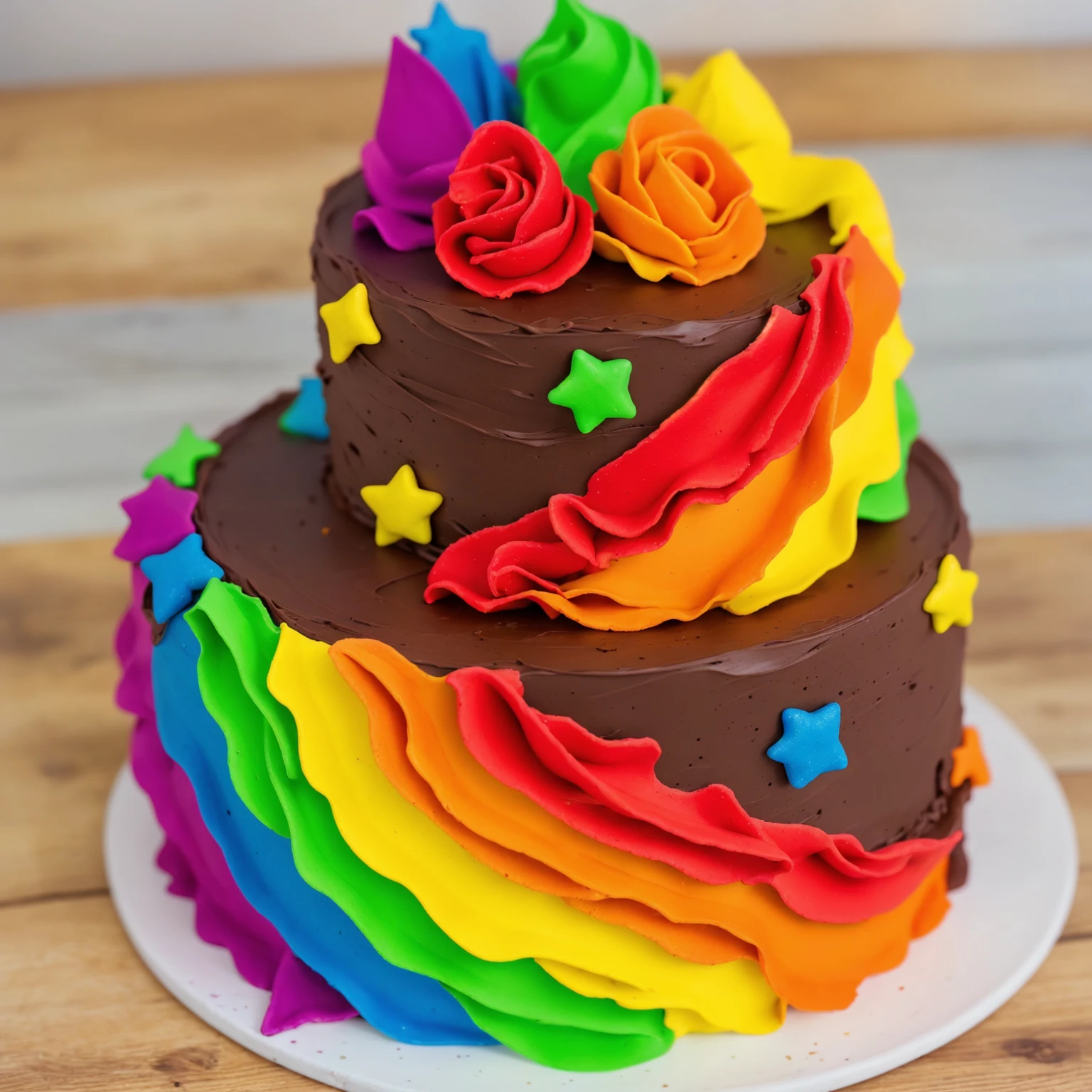 on a wooden table. there is a white plate. two-tier cake, chocolate cream cake, rainbow cream in the form of ruffles, decorated with rainbow stars made of polymer clay, multi-colored cream on top, against the background of the kitchen, Beautiful light from the window, contour light, Multiple light sources, beautiful lighting, Bright light source, bright lighting, beautiful light sources, Multiple light sources, Realistic style , realistic texture, detailed texture, A high resolution, high quality,