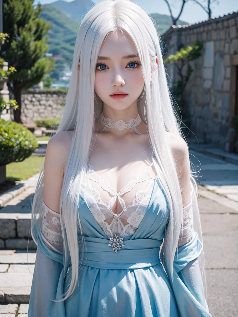 Long white hair, blue eyes, white skin , jeju island Korea 