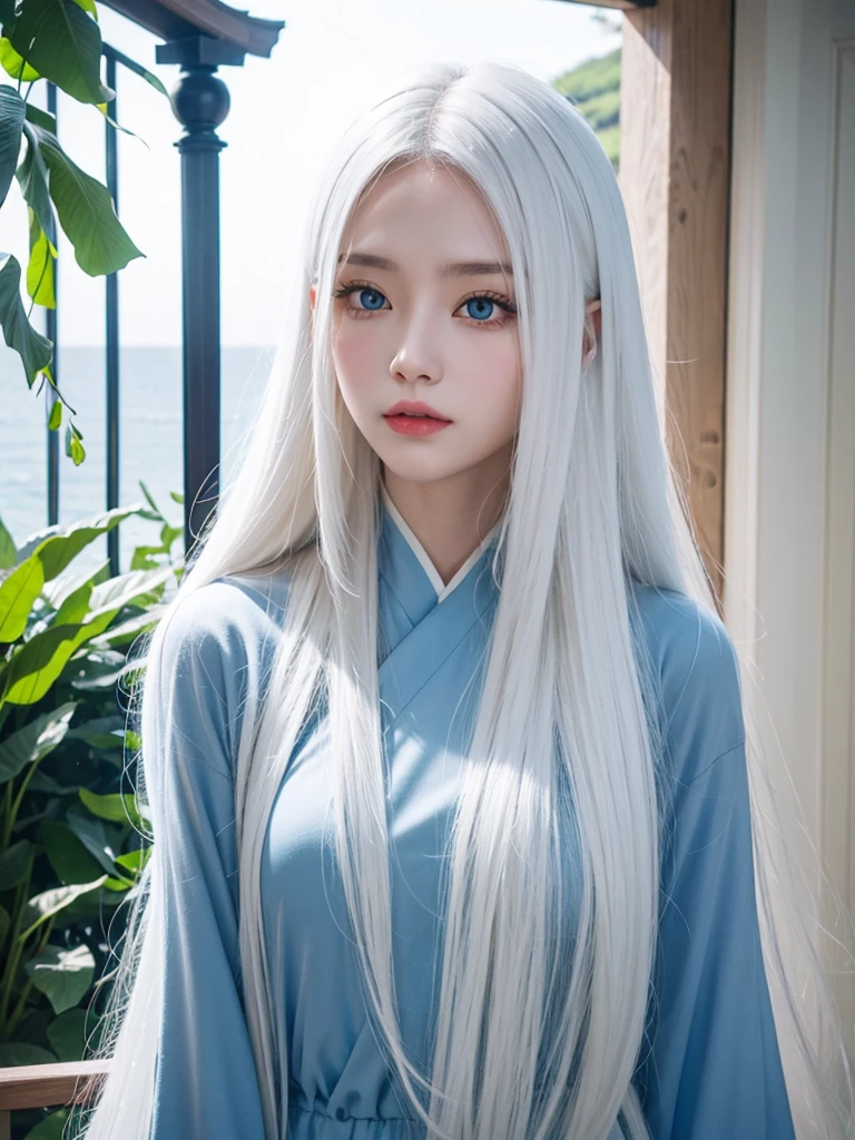 Long white hair, blue eyes, white skin , jeju island Korea 