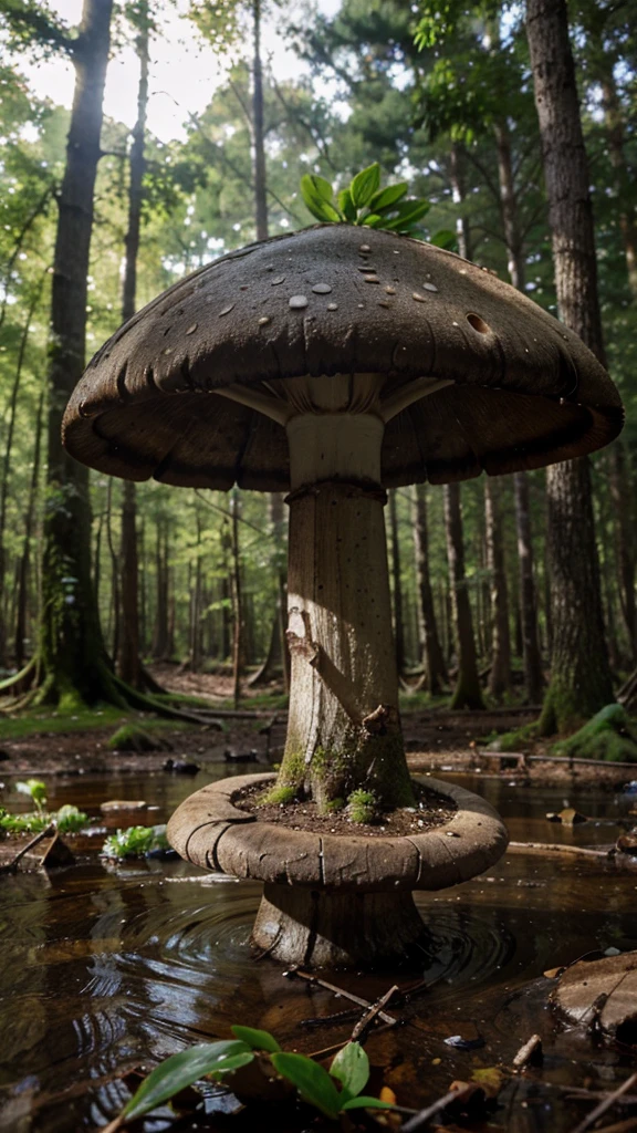 One mushroom, forest realistic, hdr, water