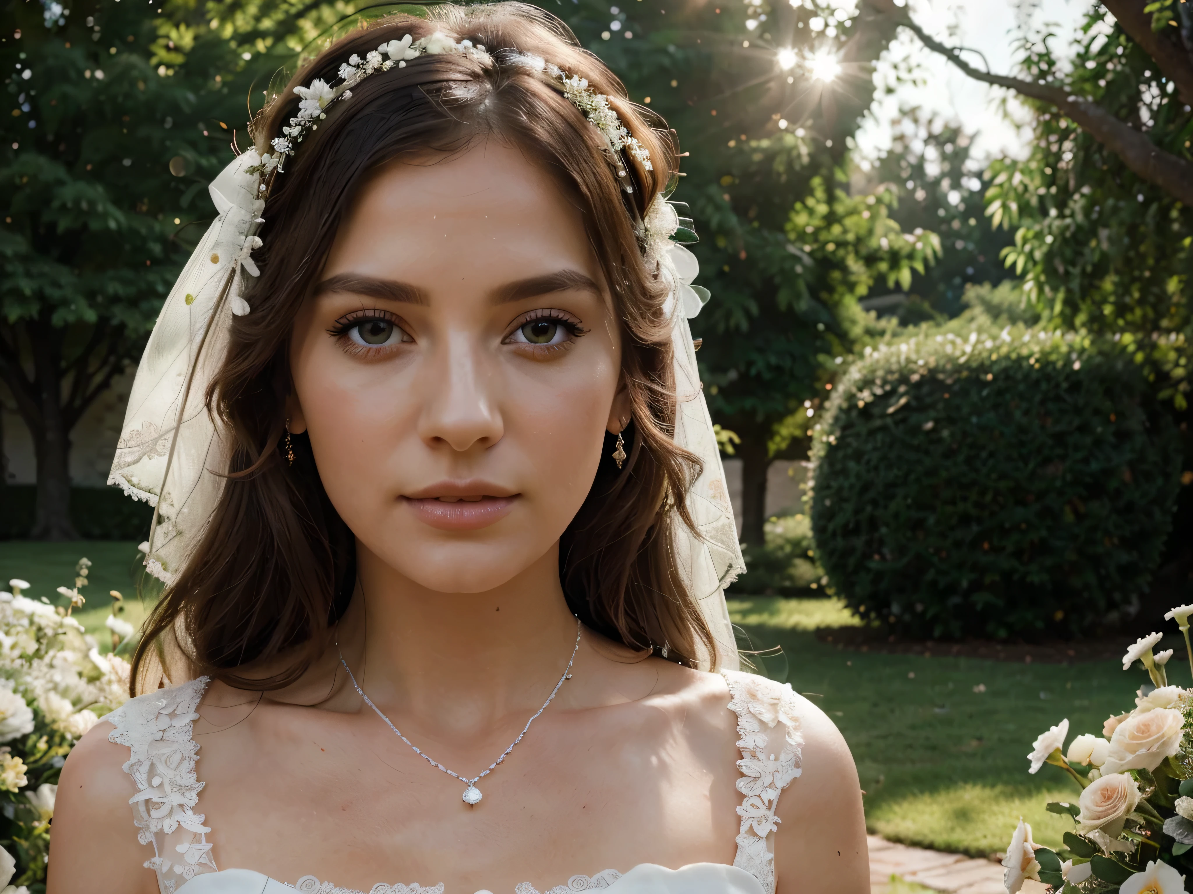 a beautiful bride in a white wedding dress, elegant floral bouquet, dreamy outdoor garden wedding, sunlight streaming through trees, romantic soft lighting, intricate lace details, shimmering jewelry, beautiful detailed eyes, beautiful detailed lips, extremely detailed face, long eyelashes, photorealistic, 8k, high resolution, cinematic lighting, warm color tones, masterpiece