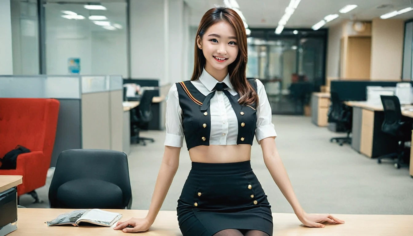 Highest quality, Full body portrait, Cinematic texture shots, Beautiful Face, Beautiful Face, 20-year-old woman, smile, Slim figure, Small Bust, OL Uniform, office Wear, Black Stockings, Indoor scene, office, sit down