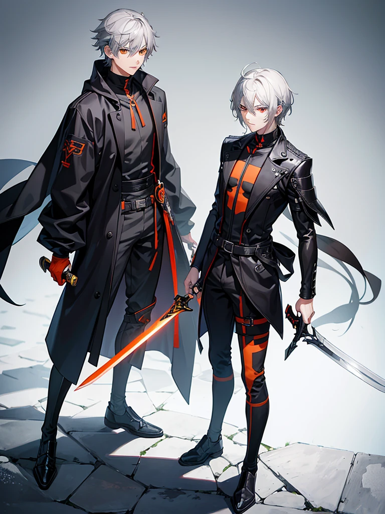 Male character with gray hair and orange eyes with sword and black clothes