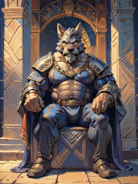 burly virile hairy man, with two wolf ears and a bushy tail, in a suit of armor, middle-aged, hirsute, overmuscular and musclebound, bulging veiny muscles, a warrior's build, a bodybuilder's physique, long bushy and a thick mustache, a square jaw, handsome and dreamy, grey hair, a king on his throne, in regal clothing