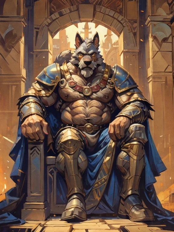 burly virile hairy man, with two wolf ears and a bushy tail, in a suit of armor, middle-aged, hirsute, overmuscular and musclebound, bulging veiny muscles, a warrior's build, a bodybuilder's physique, long bushy and a thick mustache, a square jaw, handsome and dreamy, grey hair, a king on his throne, in regal clothing