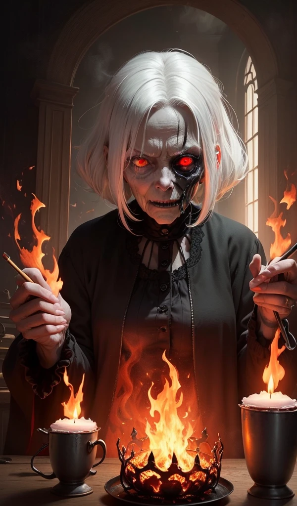 (anime, digital paint, sinister and creepy old woman white hair and red eyes, burning in flames, vibrant flames burning and defeating evil force, dark and twisted interior of the candy house, ominous atmosphere with fire lighting and flames)