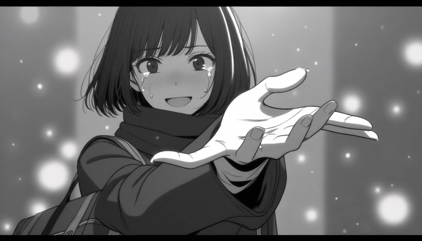 masterpiece, best quality, 1girl, mamerakkkkko, grayscale, manga style, japanese, chi no wadachi, black eyes, street, iced, black hair, schoolbag, smile, lineart, black coat, black scarf, black pleated skirt, leggins, centered, adult female:1.4, tall, fair skinned, bokeh background, crying, tears, tears streaming, bob cut, light particles, centered, snowing, (((reaching out left hand to viewer, perfect hand, detailed hand:1.1)), emotional anime scene, (center focus, mobile adapted)
