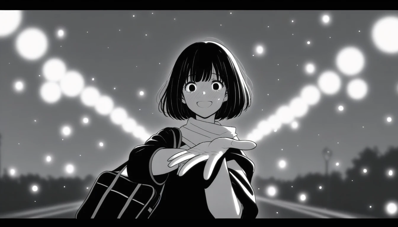 masterpiece, best quality, 1girl, mamerakkkkko, grayscale, manga style, japanese, chi no wadachi, black eyes, street, iced, black hair, schoolbag, smile, lineart, black coat, black scarf, black pleated skirt, leggins, centered, adult female:1.4, tall, fair skinned, bokeh background, crying, tears, tears streaming, bob cut, light particles, centered, snowing, (((reaching out left hand to viewer, perfect hand, detailed hand:1.1)), emotional anime scene, (center focus, mobile adapted)