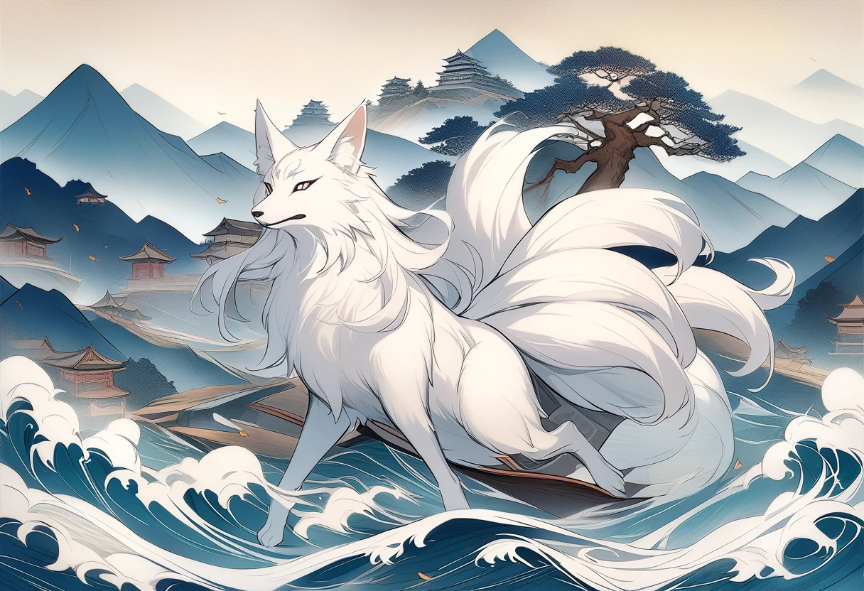 HD,The mythical beast nine tailed white fox in the ancient Chinese Book of Mountains and Seas，Some of the nine tails are translucent