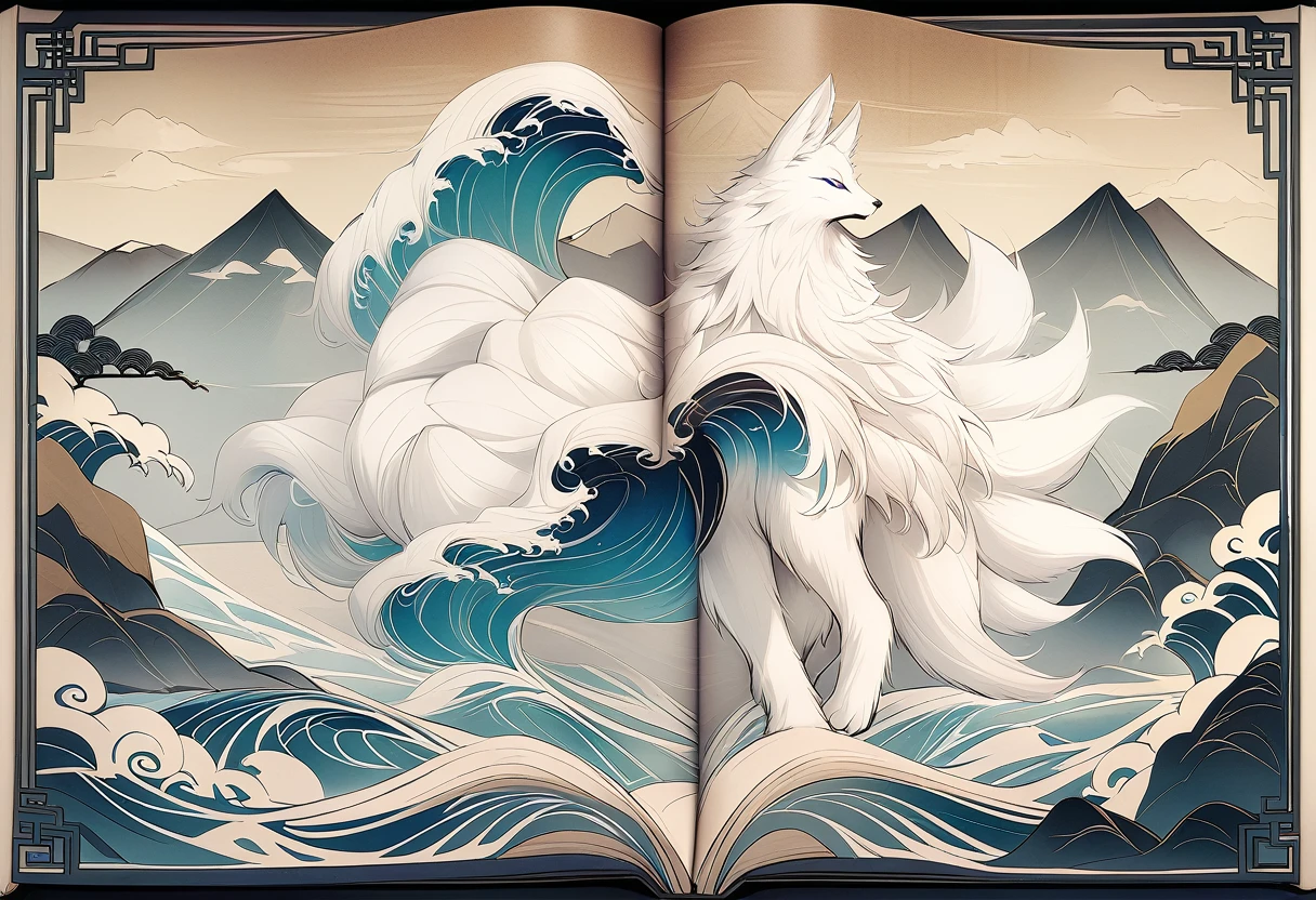 HD,The mythical beast nine tailed white fox in the ancient Chinese Book of Mountains and Seas，Some of the nine tails are translucent