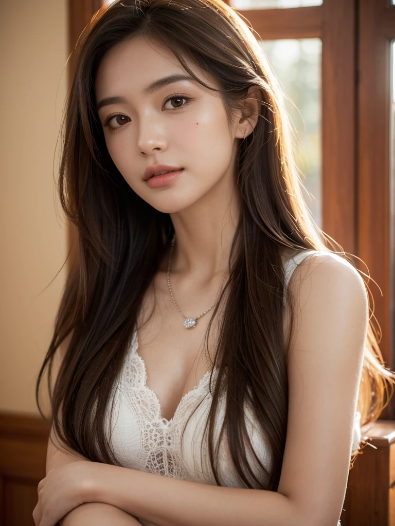 1girl, alone, solitary, high quality, (best quality,4k,8k,highres,masterpiece:1.2),ultra-detailed,(realistic,photorealistic,photo-realistic:1.37),gorgeous hair,light brown hair,long hair,puffy eyes,mole on the cheek,plump lips,necklace,(high detailed skin:1.4),(light room:1.3),(rim lighting:1.3),(lit:1.3),(sunny day:1.3),indoors,portrait,smirk