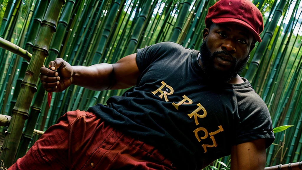 Black man is Saci Pererê - physically disabled, has only one leg - red cap - red pants - a pipe in his hand - speaks using vowels - in the background bamboo grove and forest cap