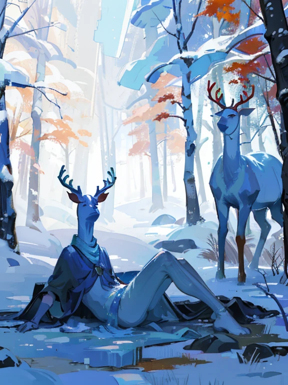 Arafed deer in a snowy forest with frost and snow trees. pearlescent sunlight, autumn forest, among Matorrales of plants, ，correct simple compostiotomy，surreal dreams，Surreal art fantasy style.，Epic digital fantasy art style.