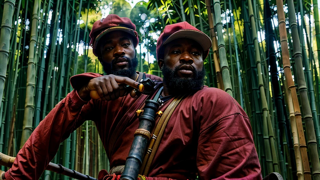 Black man is Saci Pererê - physically disabled, has only one leg - red cap - red pants - a pipe in his hand - speaks using vowels - in the background bamboo grove and forest cap