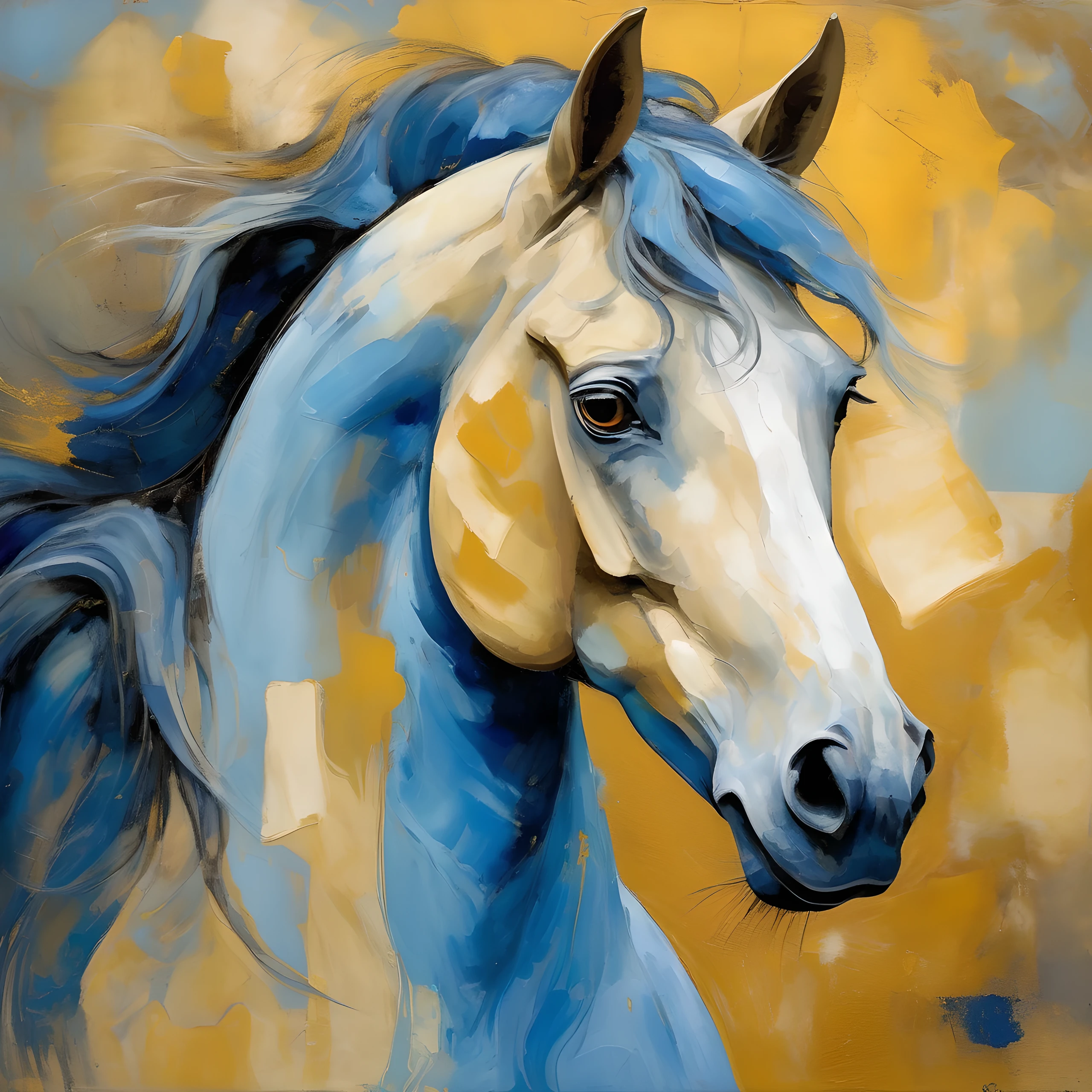 the torso of a “blue/gold” horse with a long neck, soft and wavy coat texture, expressive eyes, and a cheeky playful grin, against an abstract, painterly background with warm tones, ((more detail, enhanced)). 32k.