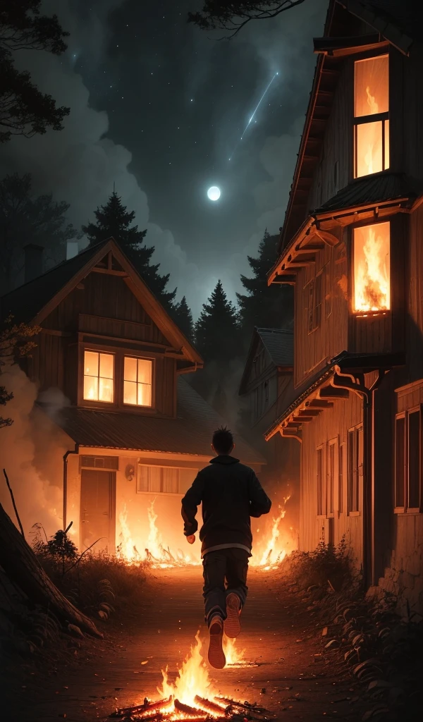 (anime, digital paint, 1 boy and 1 girl children running from the candy house in deep forest, eerie atmosphere, scared expressions, house in flames behind them, night sky illuminated by the fire, forest path ahead, sense of urgency and relief)
